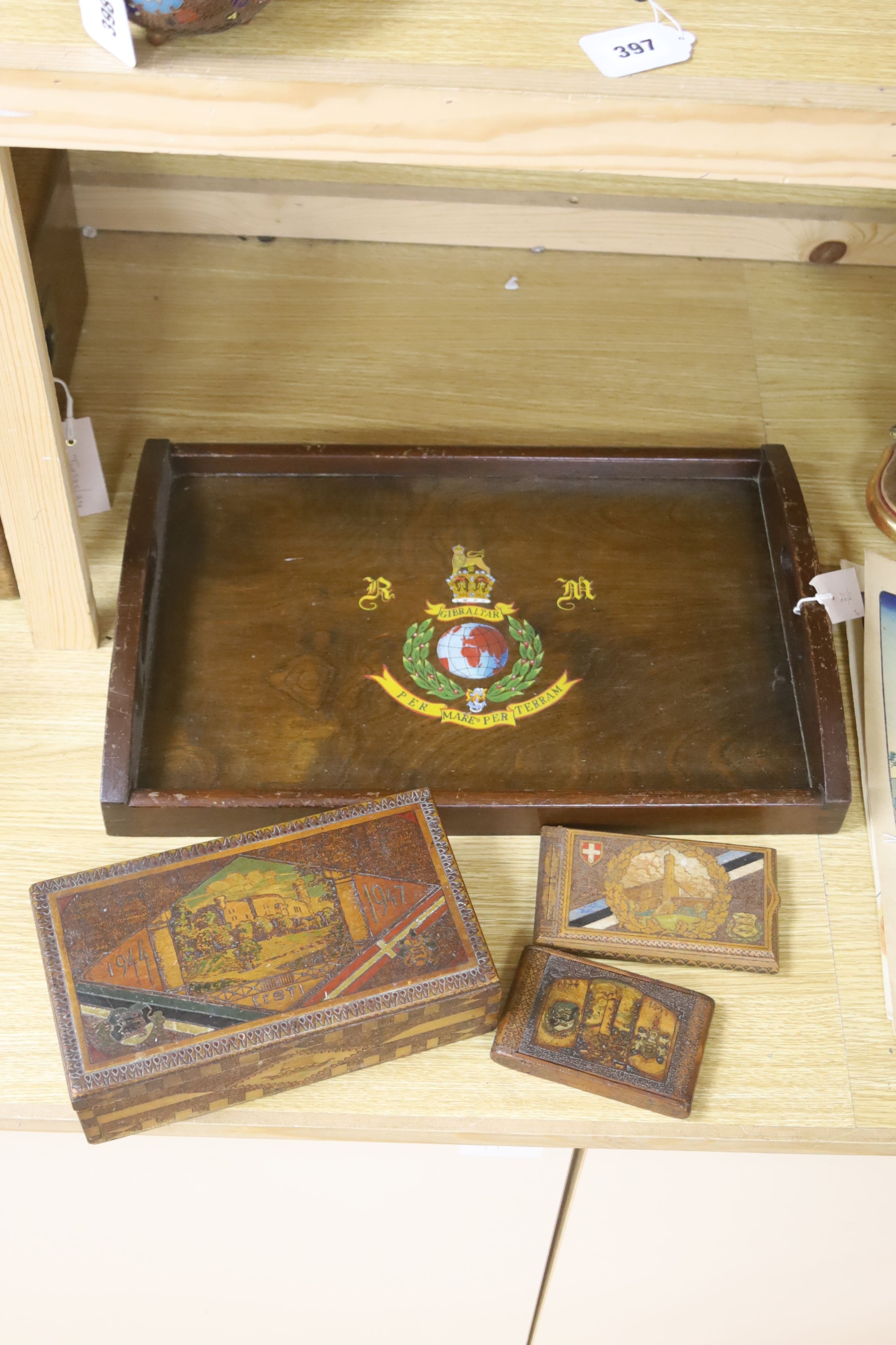 A tray with WWII Gibraltar interest, and three boxes made by displaced WWII Estonians, 48 x 32cm